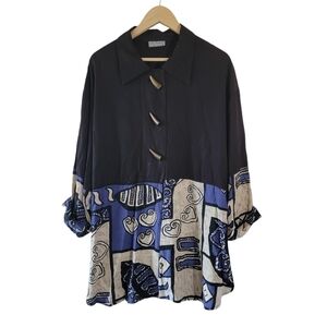 VTG D.E Frantoria Women's Blue Motif Minimalist Button-Up Top Sz 1X Lagenlook